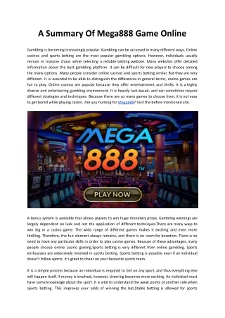 A Summary Of Mega888 Game Online
