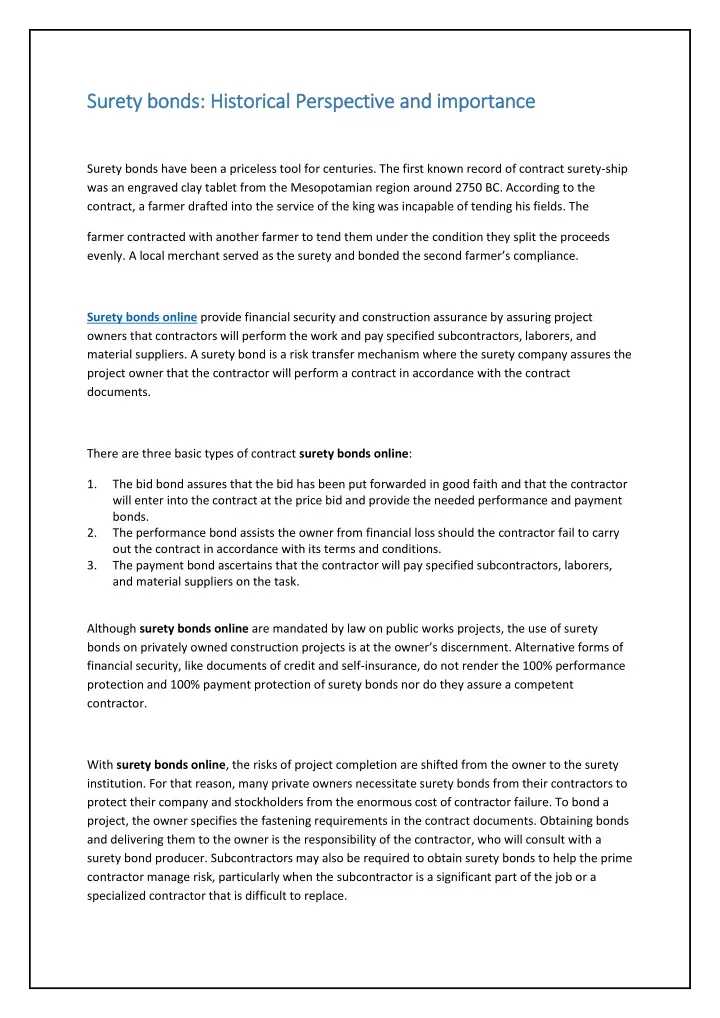 surety bonds historical perspective