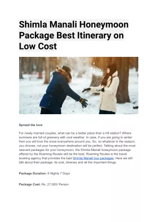 Shimla Manali Honeymoon Package Best Itinerary on Low Cost