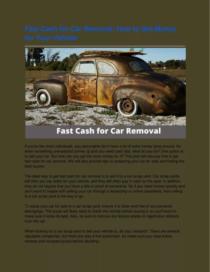 fast cash for car removal how to get money