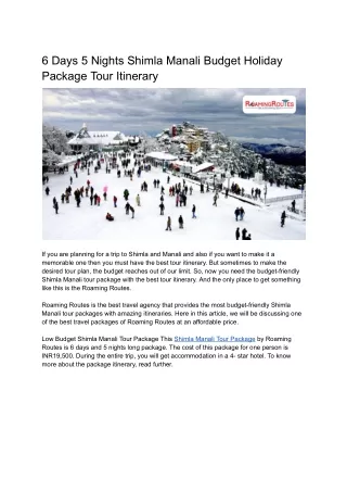 6 Days 5 Nights Shimla Manali Budget Holiday Package Tour Itinerary
