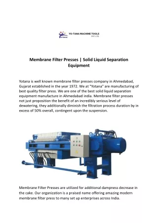 Membrane Filter Presses | Solid Liquid Separation Equipment