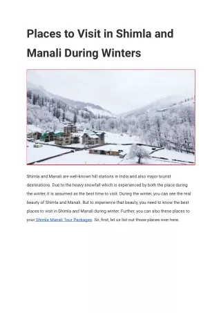Places to Visit in Shimla and Manali During Winters