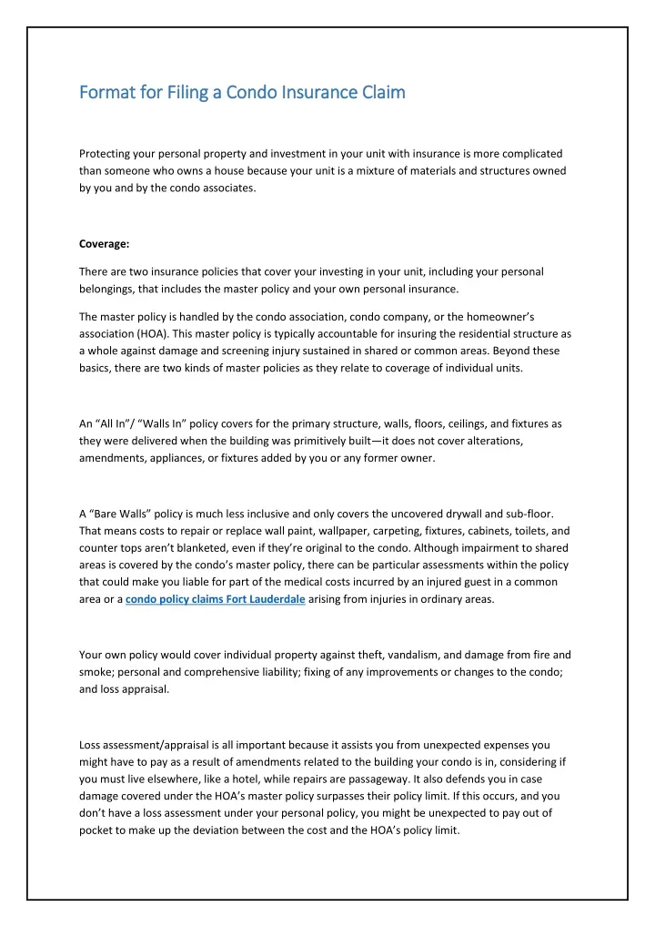 format for filing a condo insurance claim format