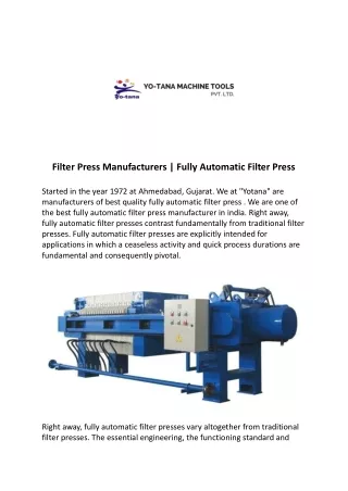 Filter Press Manufacturers | Fully Automatic Filter Press