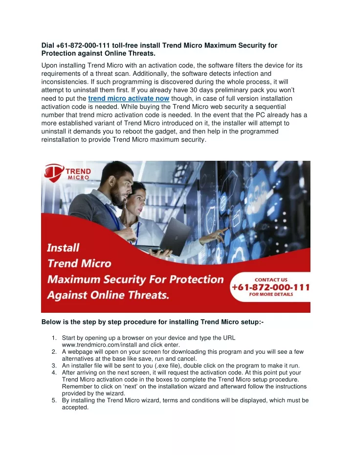 dial 61 872 000 111 toll free install trend micro