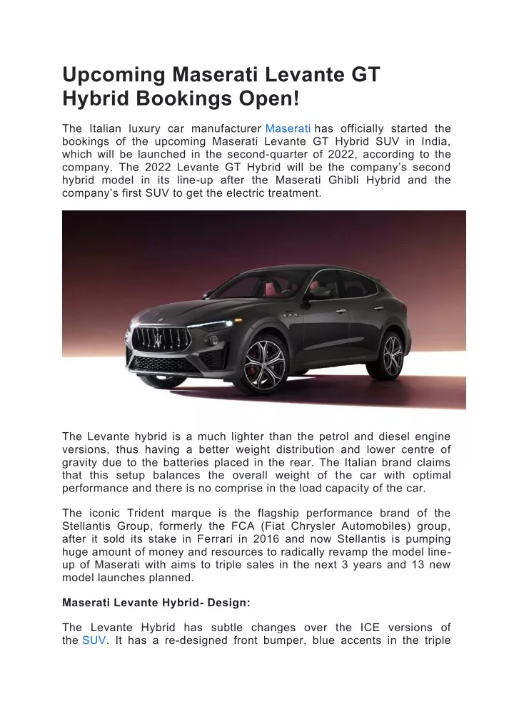 upcoming maserati levante gt hybrid bookings open