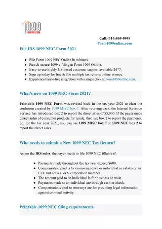 E-File 1099 NEC Form; Nonemployee Compensation for 2021