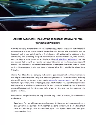 Allstate Auto Glass, Inc- Saving Thousands Of Drivers From Windshield Problems