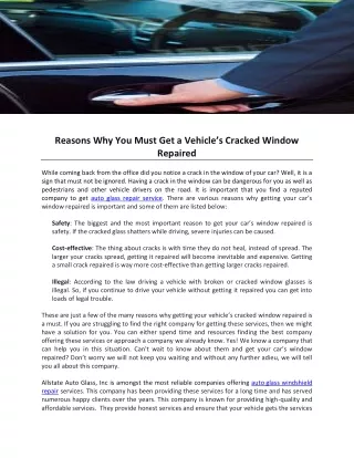 Reasons Why You Must Get a Vehicle’s Cracked Window Repaired