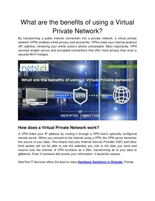 NetsTek - What are the benefits of using a Virtual Private Network