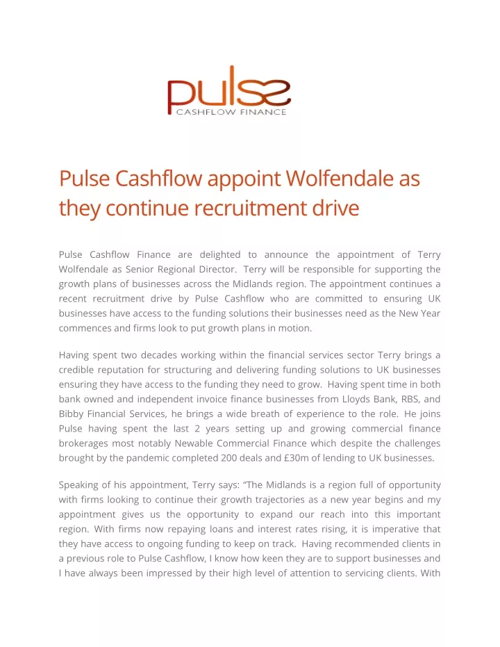 pulse cashflow appoint wolfendale as they