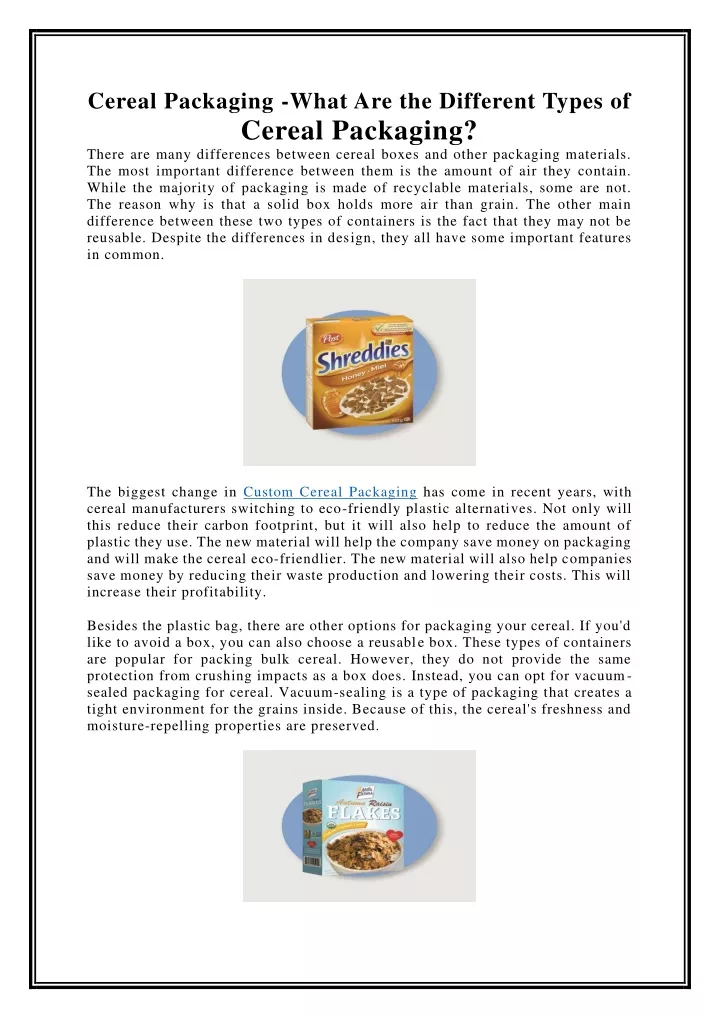 cereal packaging what are the different types