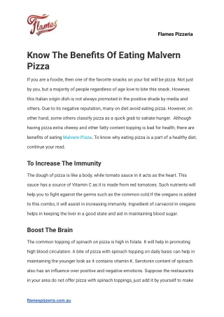 Know The Benefits Of Eating Malvern Pizza