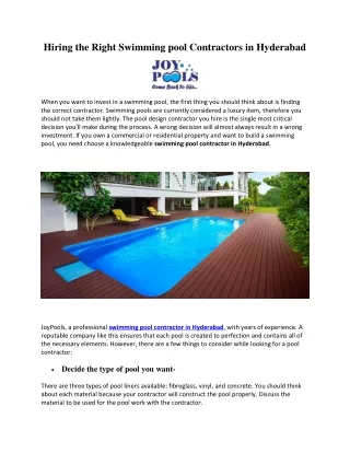 Hiring the Right Swimming pool Contractors in Hyderabad