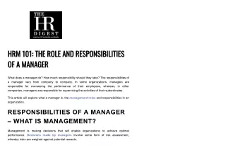 hrm 101 the role and responsibilities of a manager