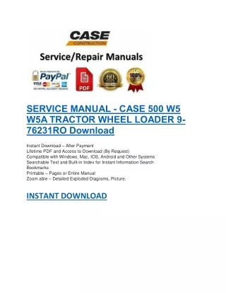SERVICE MANUAL - CASE 500 W5 W5A TRACTOR WHEEL LOADER 9-76231RO
