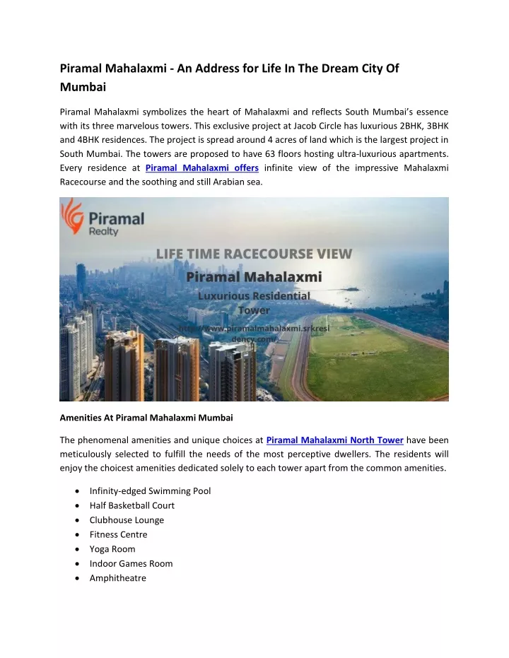 piramal mahalaxmi an address for life