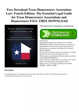 Free Download Texas Homeowners Association Law Fourth Edition The Essential Legal Guide for Texas Homeowners Association