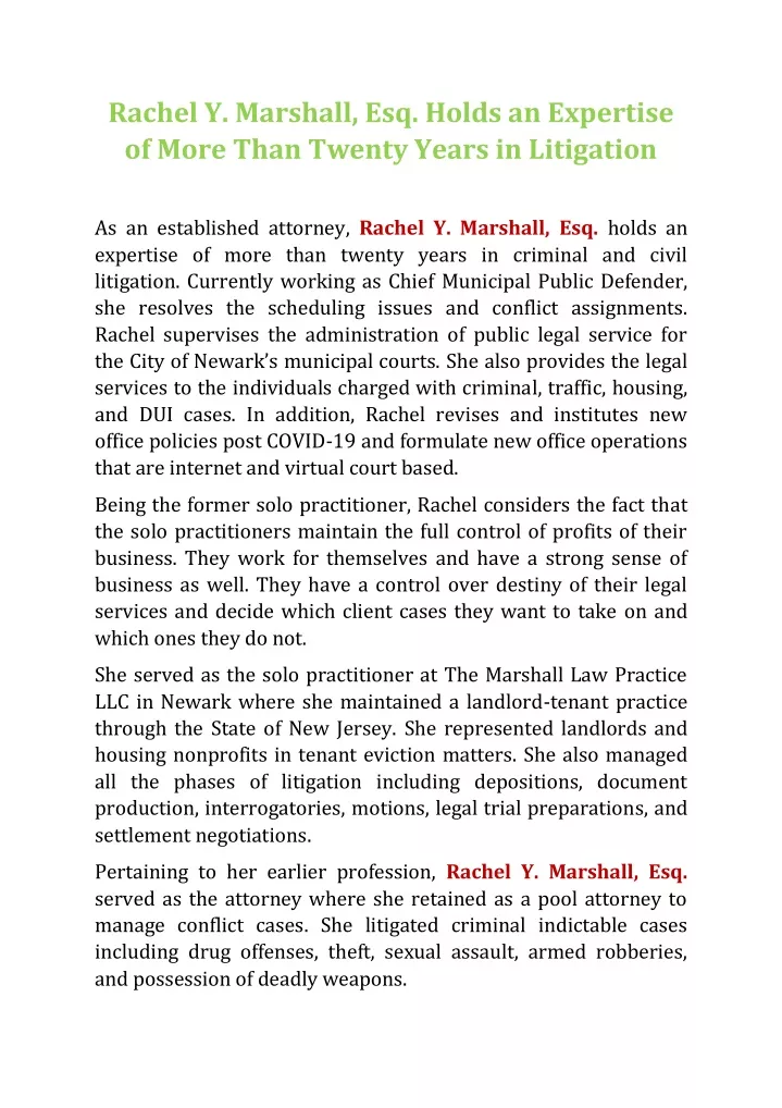 rachel y marshall esq holds an expertise of more