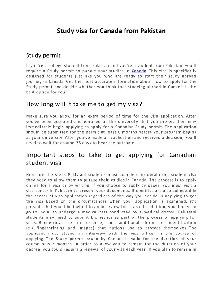 study visa for canada from pakistan