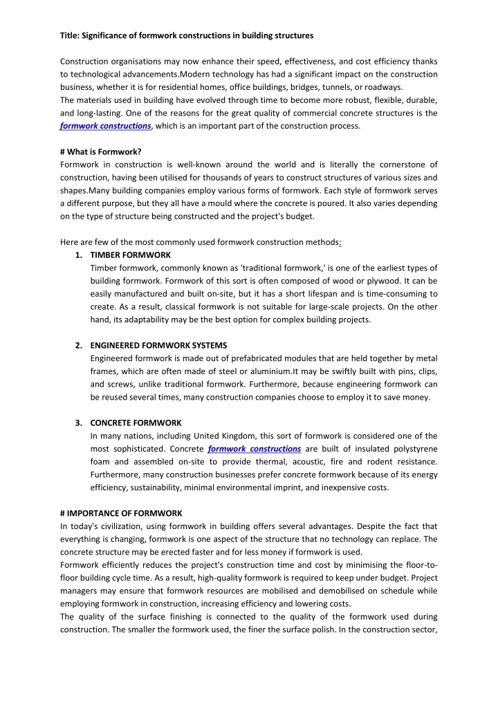 title significance of formwork constructions