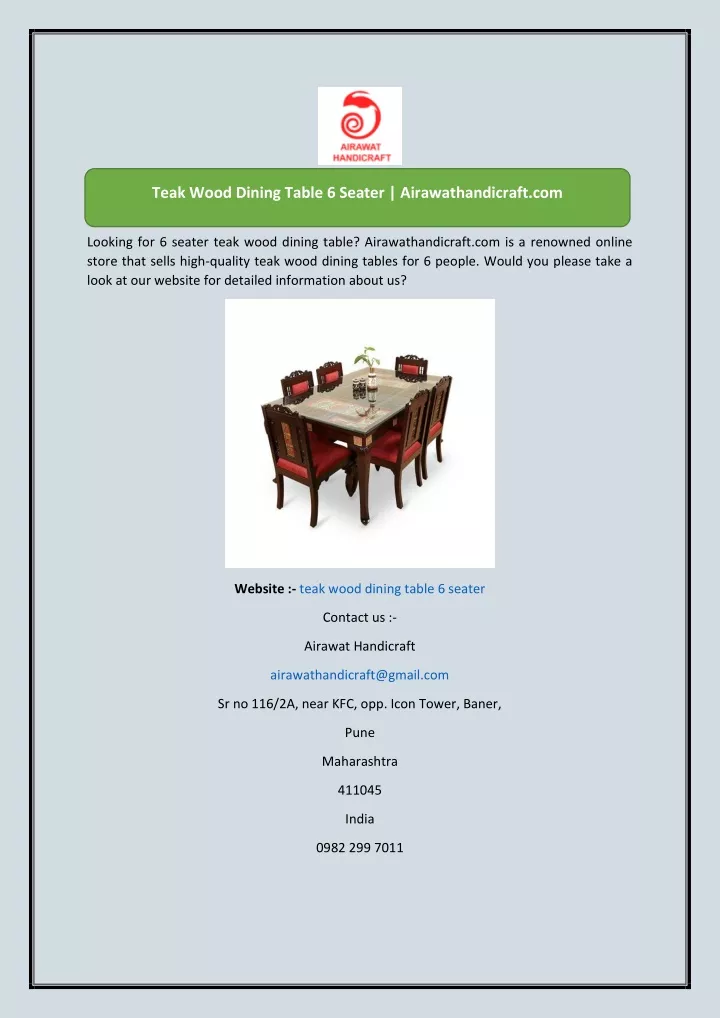 teak wood dining table 6 seater airawathandicraft