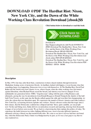 DOWNLOAD @PDF The Hardhat Riot Nixon  New York City  and the Dawn of the White Working-Class Revolution Download [ebook]