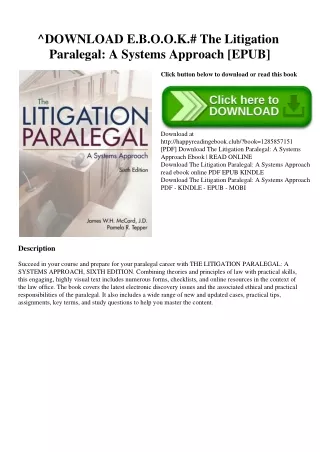 ^DOWNLOAD E.B.O.O.K.# The Litigation Paralegal A Systems Approach [EPUB]
