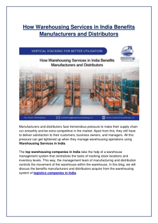 How Warehousing Services in India Benefits Manufactures and Distributors