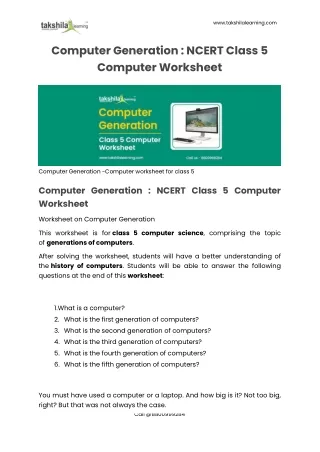 Exercise/Worksheet on Computer Generation for Grade 5