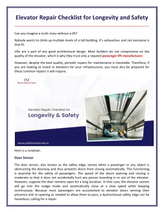 elevator repair checklist for longevity and safety