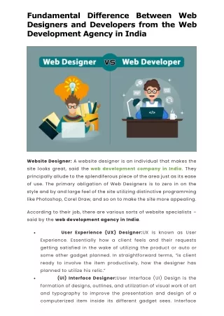 Fundamental Difference Between Web Designers and Developers from the Web Development Agency in India