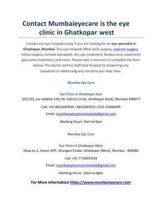 Contact Mumbaieyecare is the eye clinic in Ghatkopar west