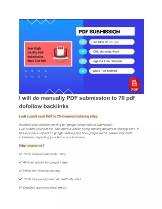 I will do manually PDF submission to 70 pdf dofollow backlinks