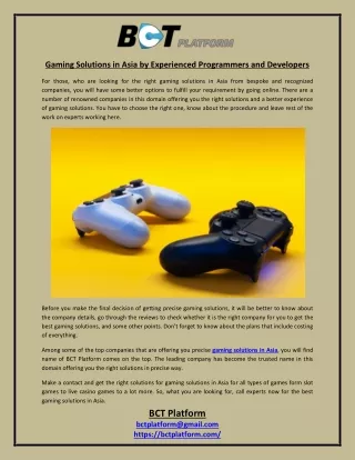 Gaming Solutions in Asia by Experienced Programmers and Developers