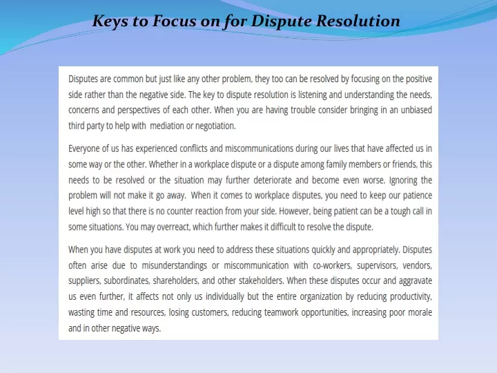 keys to focus on for dispute resolution