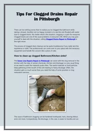 Tips For Clogged Drains Repair in Pittsburgh