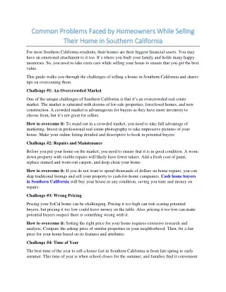 Common Problems Faced by Homeowners While Selling Their Home in Southern California