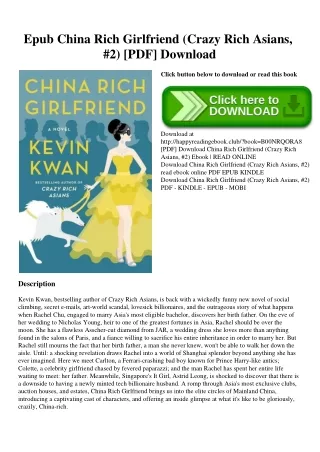 Epub China Rich Girlfriend (Crazy Rich Asians  #2) [PDF] Download
