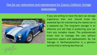 Tips for car restoration and maintenance for Classic Collector Vintage Automotiv
