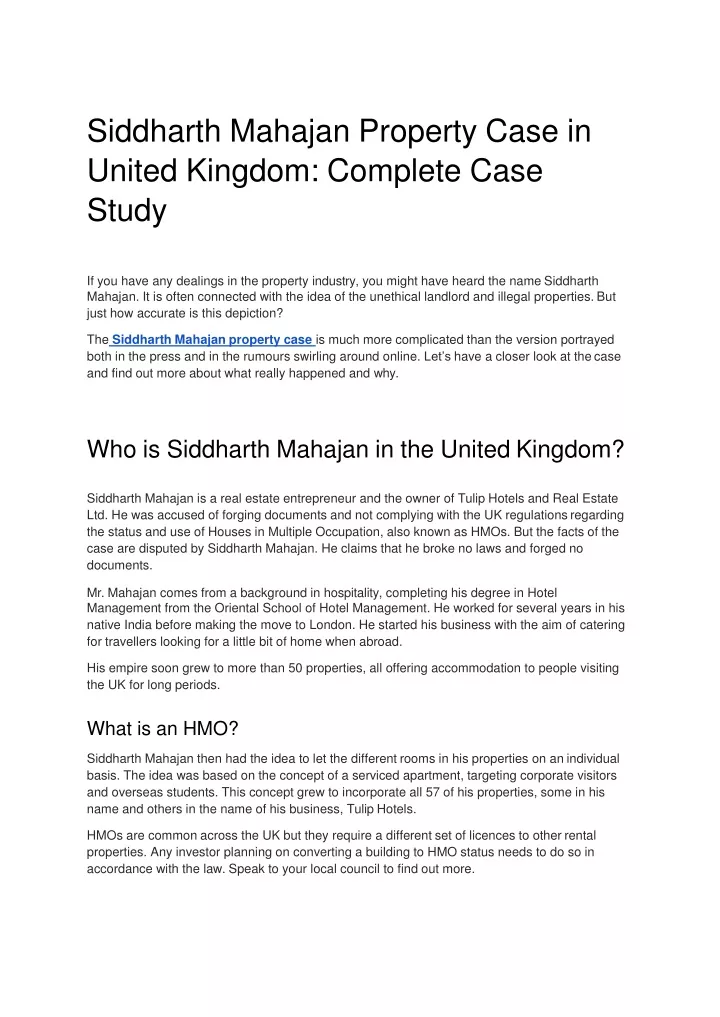 siddharth mahajan property case in united kingdom complete case study