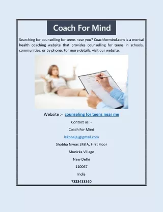 Counseling for Teens Near Me | Coachformind.com