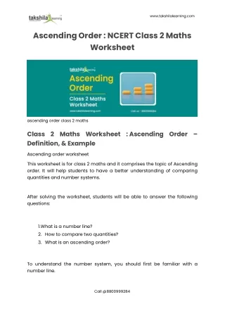 What is an Ascending Order? NCERT Class 2 Maths Worksheet