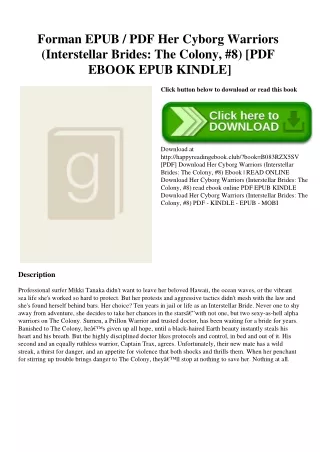 Forman EPUB  PDF Her Cyborg Warriors (Interstellar Brides The Colony  #8) [PDF EBOOK EPUB KINDLE]