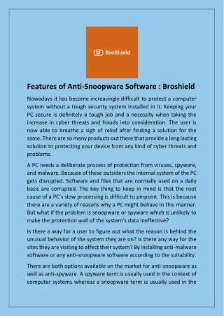 Features of anti-snoopware Software  Broshield