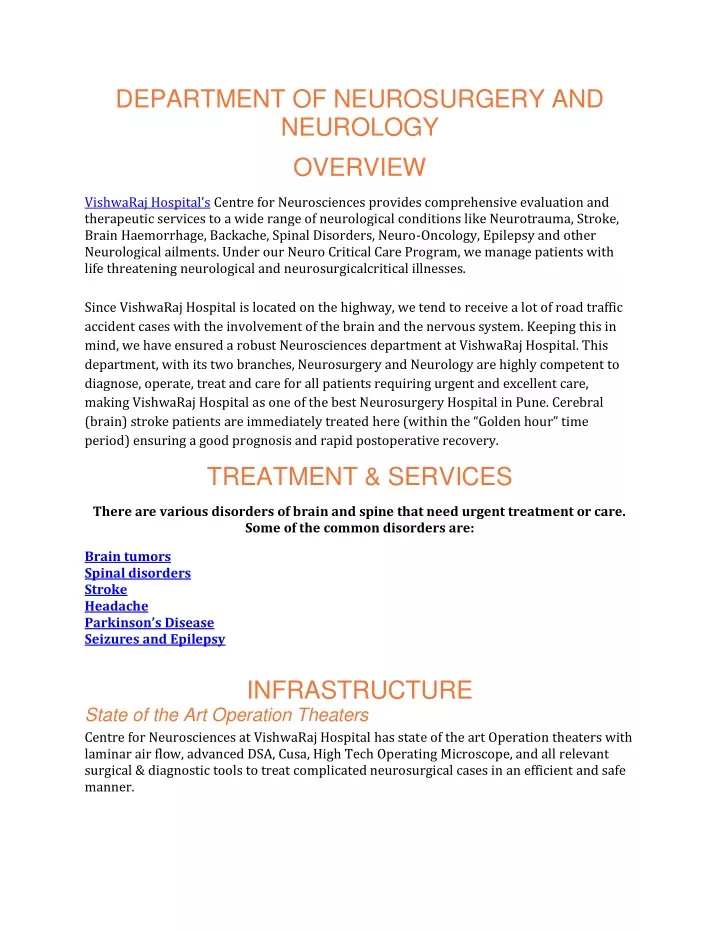 department of neurosurgery and neurology overview