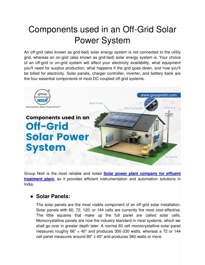 components used in an off grid solar power system