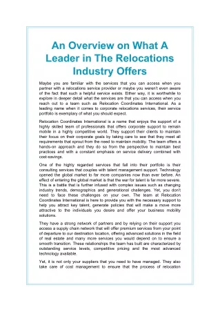 An Overview on What A Leader in The Relocations Industry Offers