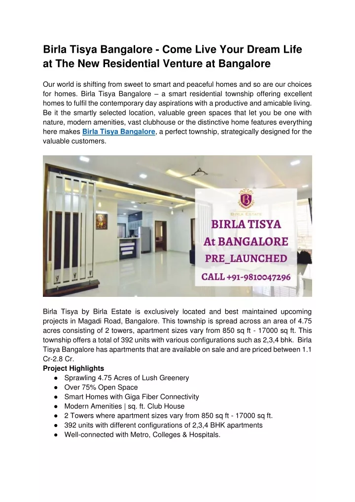 birla tisya bangalore come live your dream life